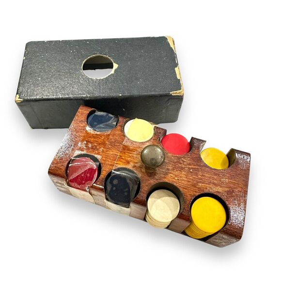 Bakelite Plastic Poker Chips w/Wood Holder Vintage Small Miniature Caddy W/Cover - Picture 5 of 14